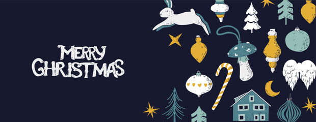 Merry Christmas and Happy New Year banner. Christmas design. Balls, snowflakes, lollipops, star, moon, house, toy, wings.