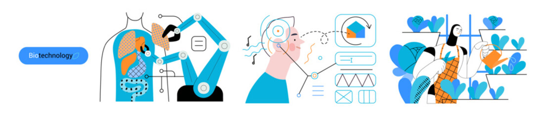 Bio Technology -modern flat vector concept illustration of improving aspects of healthcare, agriculture, environmental sustainability, industrial processes. Metaphor of bridging Science and Nature