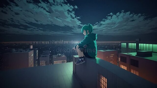 Seamless loop animation. Cute Anime woman looking at the cityscape by night time A sad moody Manga lofi style d rendering seamless loop animation animation. Created using Generative AI Technology