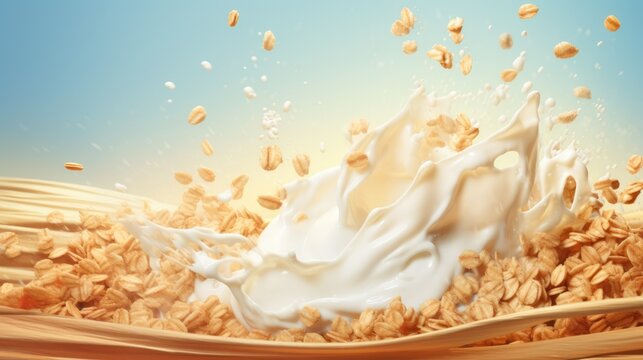 Cereals breakfast with milk splashes. Food background