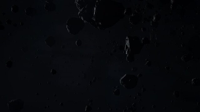 Asteroid belt field in dark outer space. 3D animation wide pan shot. Rock formations of cosmic debris and giant Meteorites. Celestial objects on starry stars background with dust nebula haze low light