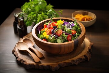 wooden bowl and wooden spoons, salad on the table. 
