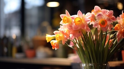 Bouquet of beautiful daffodils in vase on table in cafe. Mother's day concept with a space for a text. Valentine day concept with a copy space.