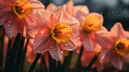 Beautiful daffodils with raindrops on the petals. Mother's day concept with a space for a text. Valentine day concept with a copy space.