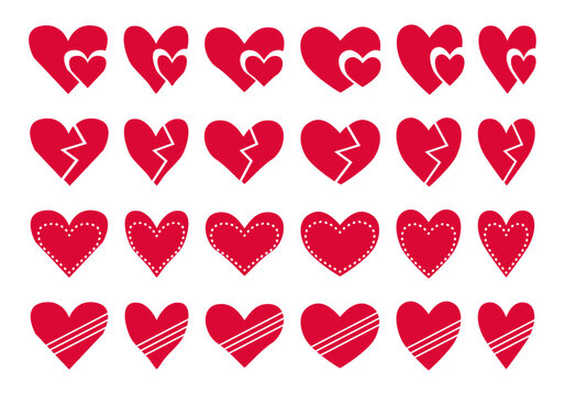 Heart collection. Set of  various flat red hearts isolated on white background.  vector illustration.