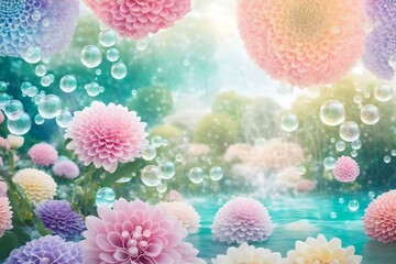 Fototapeta na wymiar An enchanted garden with bubbles and waves in pastel colors and floral motifs.