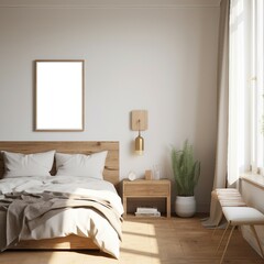 Poster mockup, poster in the room, frame on the wall, interior of a bedroom