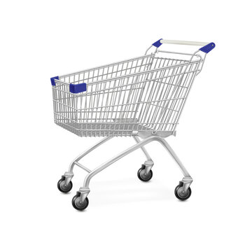 Metal supermarket cart. 3d isolated pushcart silver trolly, empty shop trolley perspective side, steel store wheel basket for shopping market, realistic tidy vector illustration