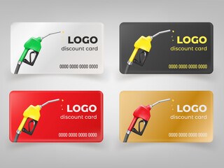 Fuel discount cards. 3d refuel gift coupon, gasoline voucher on free petrol fueling diesel vehicle or auto oil, bank card template of gas station service, tidy vector illustration - obrazy, fototapety, plakaty