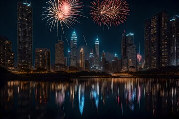 A cityscape with skyscrapers and fireworks.