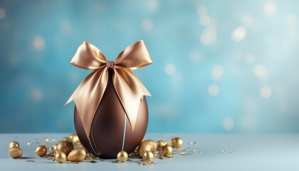 easter egg chocolate  wrapped with golden ribbon bow ,blue light background , with copy space  , faded sparkles bokeh  - obrazy, fototapety, plakaty
