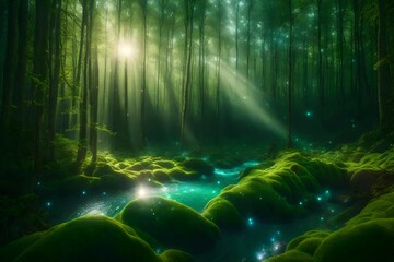 A magical forest glade with sparkling bubbles and ethereal, misty waves.