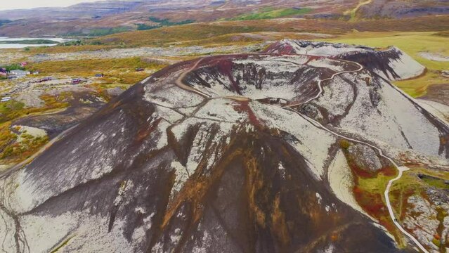 Aerial view of Grabrok volcanic crater in Iceland