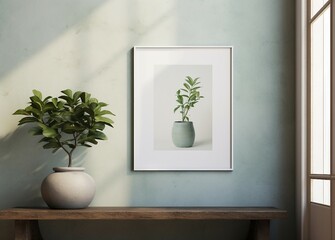 Poster mockup, poster in the room, frame on the wall, plant in a window