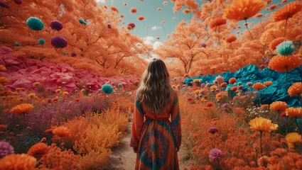 Poster woman walking through the way of colourful flowers  © MuhammadIlyas