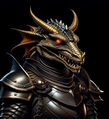 Chinese Year of the Dragon. Portrait depicting a realistic eastern dragon in knightly armor. Anthropomorphism. A powerful symbol of the 2024 New Year in the culture of the East. Illustration.