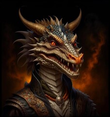 Chinese Year of the Dragon. Portrait depicting a realistic oriental dragon in luxurious clothes. Anthropomorphism. A powerful symbol of the 2024 New Year in the culture of the East. Illustration.