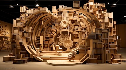 A library with book-themed sculptures and art installations.