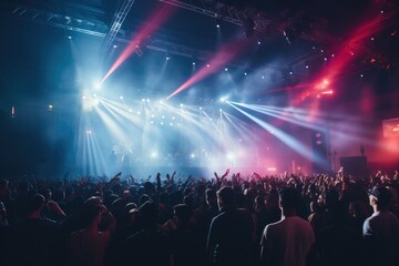 A concert venue, with the energetic crowd in the foreground, enjoying a live music performance, during the night with dynamic stage lighting. - obrazy, fototapety, plakaty