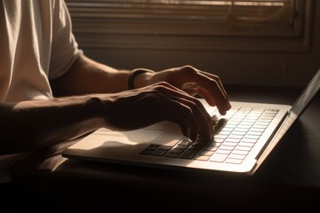 A man student's determined hands opening a laptop to start the day's work, with a minimalistic and organized workspace and soft, filtered morning sunlight.
