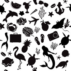Summer vector illustration black silhouette mermaid, flamingo, palm leaves, camera on a white background seamless pattern