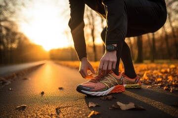 A runner's determined hands lacing up their sneakers, with a park trail and the soft glow of sunrise in the background, during the crisp dawn with gentle, diffused lighting.