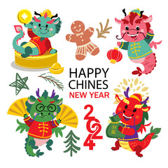 Funny Chinese green dragon collection. Symbol of the year 2024. Zodiac. Vector illustration isolated on white background