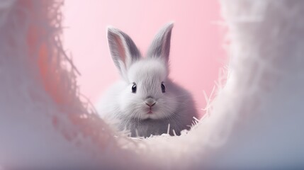 cute bunny peeking out from hole made of candy cotton  ,pastel color  