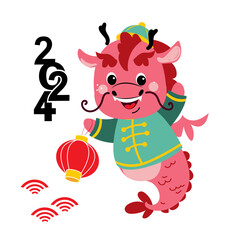 Cute chinese dragon on a white background isolated. Happy New Year Symbol 2024. Vector illustration cartoon animals