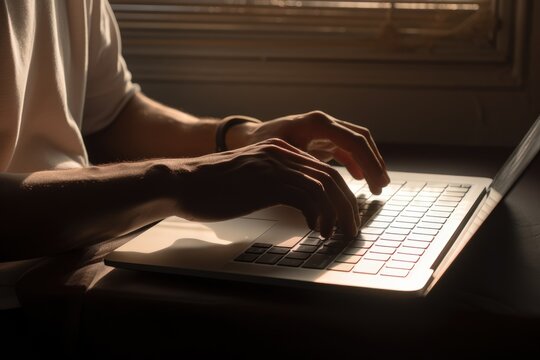 A man student's determined hands opening a laptop to start the day's work, with a minimalistic and organized workspace and soft, filtered morning sunlight.