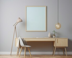 A frame on the wall, a mockup of a poster, a poster in the room, room with table and chairs