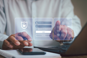 Business people using laptop computer with digital padlock access security personal data by scanning fingerprint biometric authentication, on internet technology networking with cloud, cyber security.