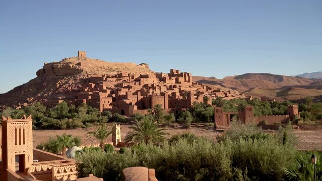 Ksar Ait Ben Haddou, fortified village built with earth and clay, ancient mud-brick architecture and labyrinth of narrow streets was a stop at the caravan route in Sahara desert, Morocco.