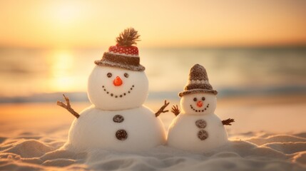 a family of snowman made from sand on a tropical beach