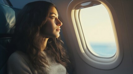 Fototapeta premium Young Woman Gazing Out of Airplane Window: Travel and Lifestyle. Generative ai