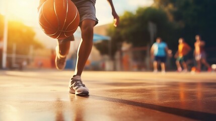 Naklejka premium Street Basketball Player Mastering Dribbling Skills on Court. Generative ai