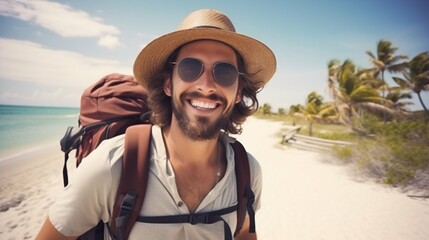 Handsome Man in Hat and Sunglasses Taking Selfie on Beach Vacation. Generative ai
