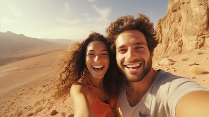 Obraz premium Joyful Couple Capturing Selfie in Rocky Desert on Summer Vacation. Generative ai