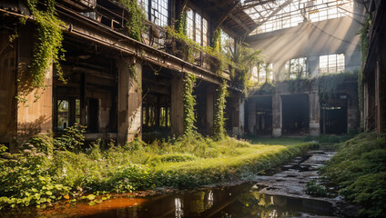 Destroyed factory overgrown with a large number of plants with rusty mechanisms and beautiful daytime lighting