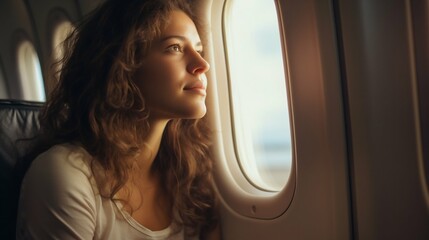 Young Woman Gazing Out of Airplane Window: Travel and Lifestyle. Generative ai
