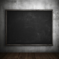 A blank blackboard on a wall. An old used black board on a grungy dim classroom. Generative AI.	
