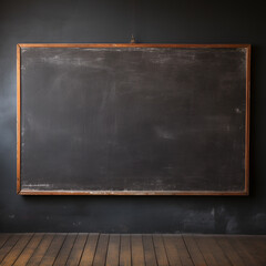 A blank blackboard on a wall. An old used black board on a grungy dim classroom. Generative AI.	
 - obrazy, fototapety, plakaty