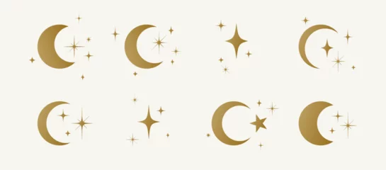 Fotobehang Moon with stars set. Half moon, crescent with star, night sky background. Half moon symbol, graphic elements, light star shapes graphic, boho witch mystic crescent icon collection. Vector Illustration © foxysgraphic