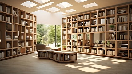 A library with bookshelves that double as room dividers.