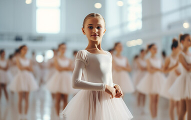 European ballerina girl in dance studio - ballet and dancer concept