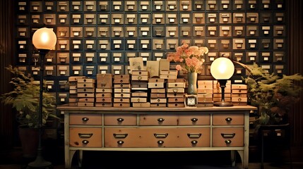 A library with a vintage card catalog.