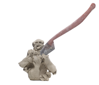 Grey modelling clay sculpture with modelling tool isolated on white, clipping path  