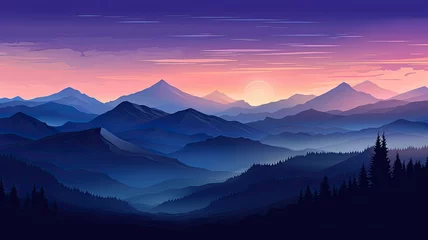 Zelfklevend Fotobehang A mountain range with jagged peaks in silhouette against the dawn sky, symbolizing the majesty of natural landscapes © kwanchaift