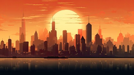 A skyline silhouette of a bustling city at sunset, emphasizing the iconic buildings and structures