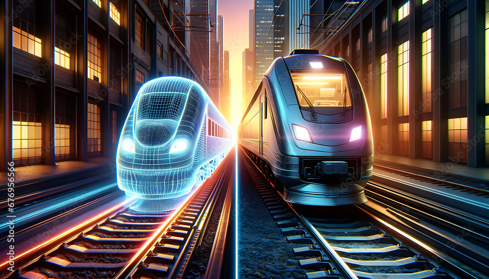 Fototapete digital twin concept of train. wireframe rendering of train and mirrored physical body side by side.
